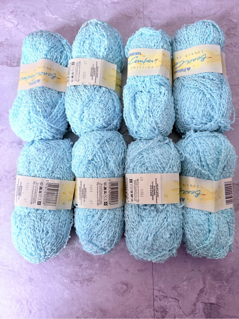 Lot of 8 Patons Beachcomber DK Yarn Boucle Skeins-Color 7503 lAqua Blue-50gm ea